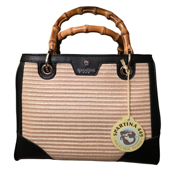 $240 NWT Spartina 449 Bamboo Chic Satchel Ebony Wicker Leather Top Handle Bag - Picture 2 of 10